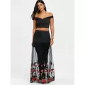 Bardot Floral Embroidery Two Piece Dress - Black And Red