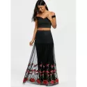 Bardot Floral Embroidery Two Piece Dress - Black And Red