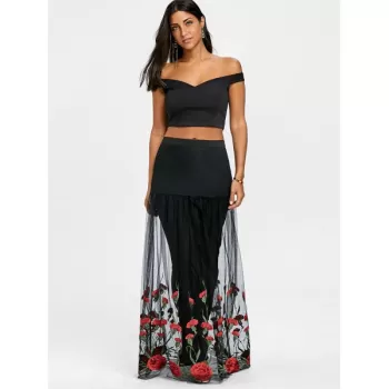 Bardot Floral Embroidery Two Piece Dress - Black And Red
