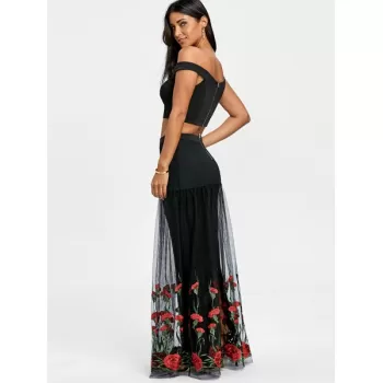 Bardot Floral Embroidery Two Piece Dress - Black And Red