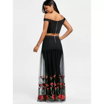 Bardot Floral Embroidery Two Piece Dress - Black And Red