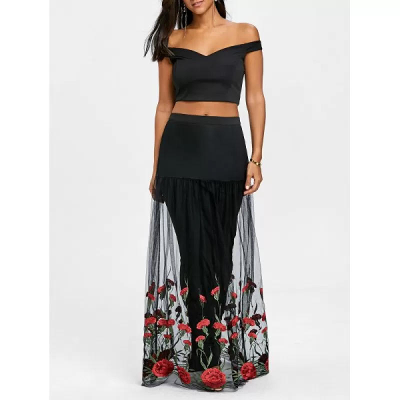 Bardot Floral Embroidery Two Piece Dress - Black And Red