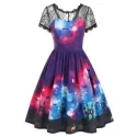 Bat Galaxy Lace Panel Buttons Halloween Dress -