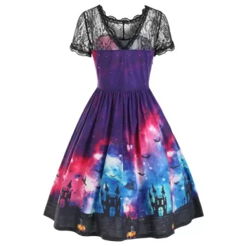Bat Galaxy Lace Panel Buttons Halloween Dress -