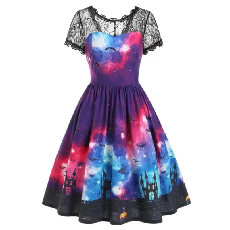 Bat Galaxy Lace Panel Buttons Halloween Dress -