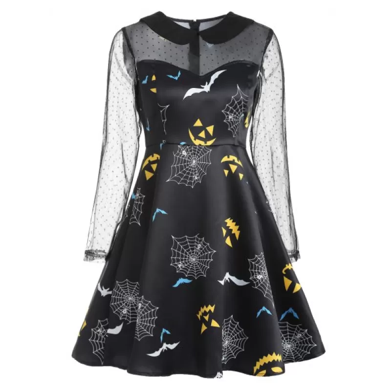 Bat Pattern Halloween Vintage Dress - Black