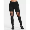 Beading Ripped Cut Out Pants - Black