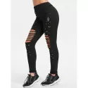 Beading Ripped Cut Out Pants - Black