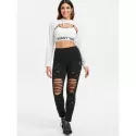 Beading Ripped Cut Out Pants - Black