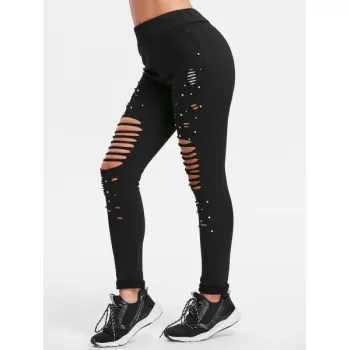 Beading Ripped Cut Out Pants - Black