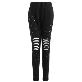 Beading Ripped Cut Out Pants - Black