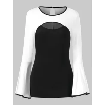 Bell Sleeve Color Block Cut Out T-shirt - Black