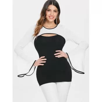 Bell Sleeve Color Block Cut Out T-shirt - Black