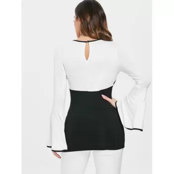 Bell Sleeve Color Block Cut Out T-shirt - Black