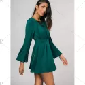 Bell Sleeve Lace Up Skater Dress - Green