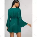 Bell Sleeve Lace Up Skater Dress - Green