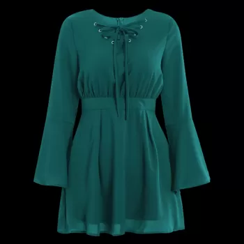 Bell Sleeve Lace Up Skater Dress - Green