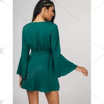 Bell Sleeve Lace Up Skater Dress - Green