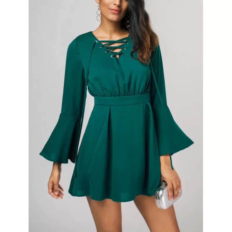 Bell Sleeve Lace Up Skater Dress - Green
