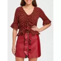 Bell Sleeve Polka Dot Drawstring Blouse - Red Wine