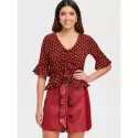 Bell Sleeve Polka Dot Drawstring Blouse - Red Wine