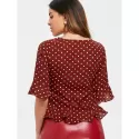 Bell Sleeve Polka Dot Drawstring Blouse - Red Wine