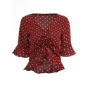 Bell Sleeve Polka Dot Drawstring Blouse - Red Wine
