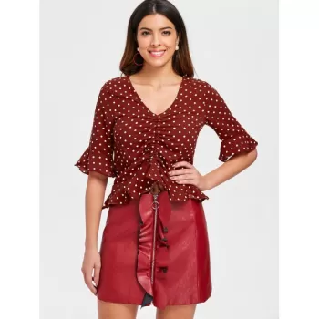 Bell Sleeve Polka Dot Drawstring Blouse - Red Wine