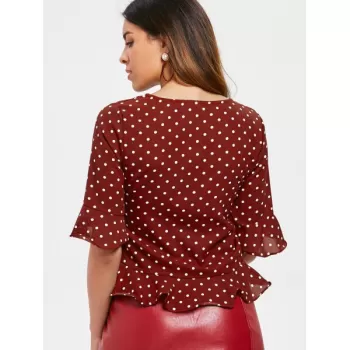 Bell Sleeve Polka Dot Drawstring Blouse - Red Wine