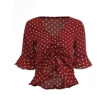 Bell Sleeve Polka Dot Drawstring Blouse - Red Wine