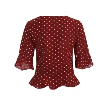 Bell Sleeve Polka Dot Drawstring Blouse - Red Wine