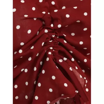 Bell Sleeve Polka Dot Drawstring Blouse - Red Wine