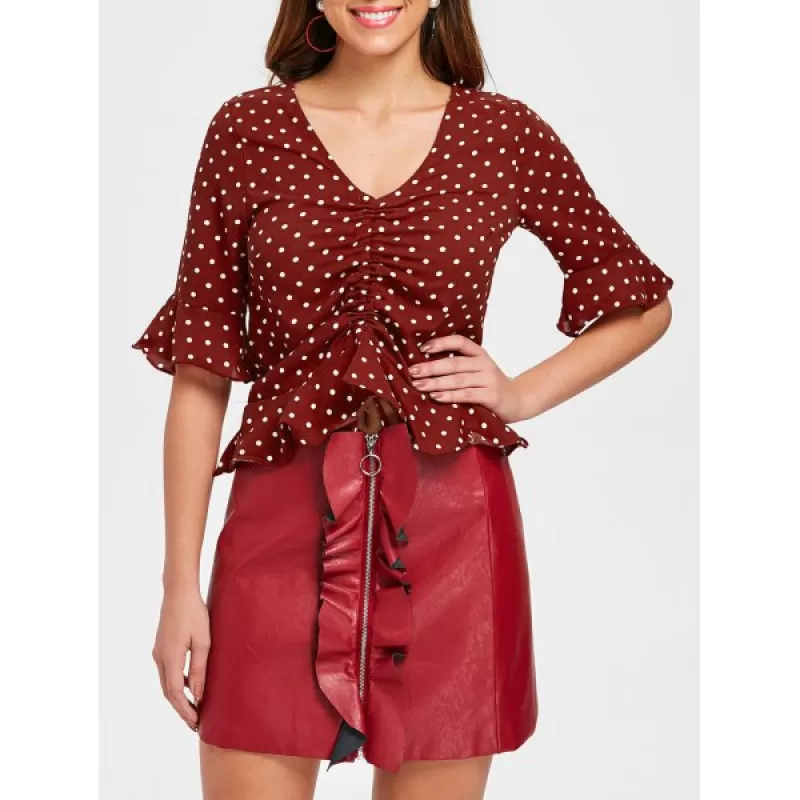 Bell Sleeve Polka Dot Drawstring Blouse - Red Wine