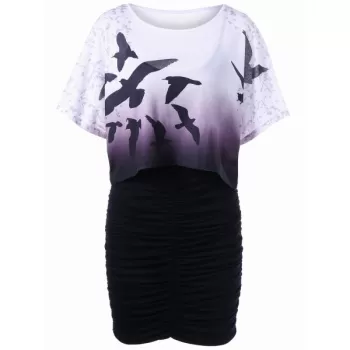 Bird Print Oversized Tee and Bodycon Slip Dress - Purple