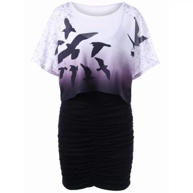 Bird Print Oversized Tee and Bodycon Slip Dress - Purple