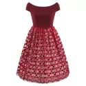 Boat Neck Lace Panel Vintage Dress - Red Wine