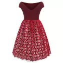 Boat Neck Lace Panel Vintage Dress - Red Wine