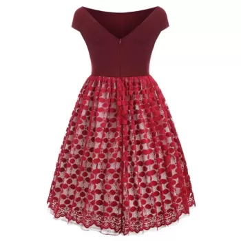 Boat Neck Lace Panel Vintage Dress - Red Wine