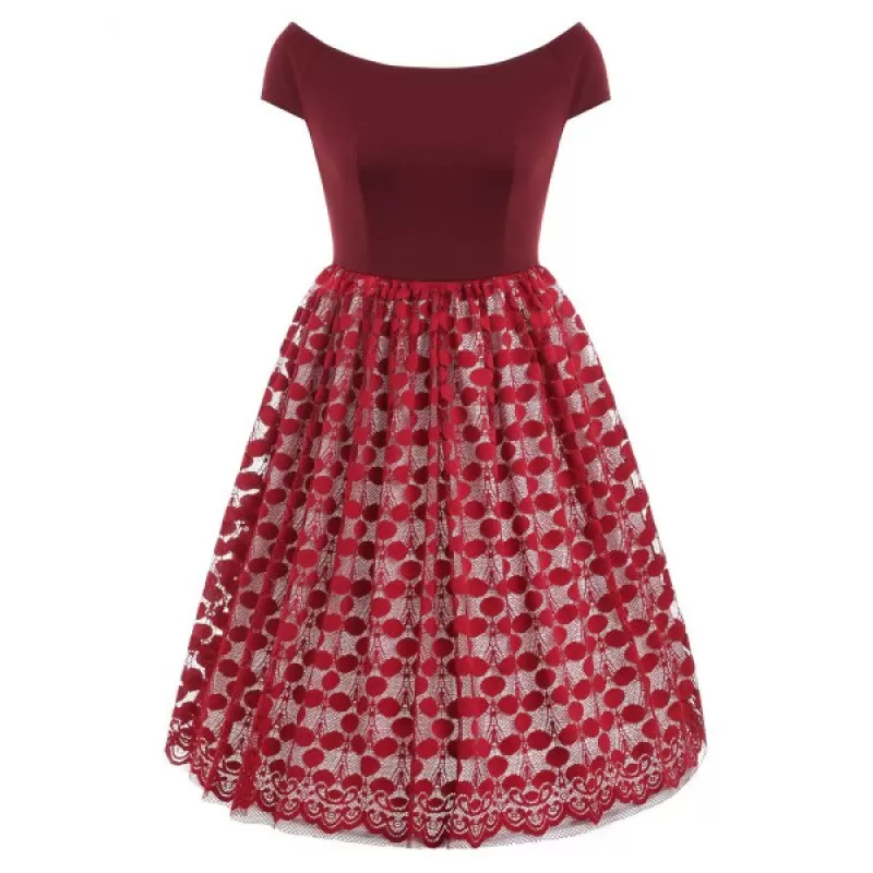 Boat Neck Lace Panel Vintage Dress - Red Wine