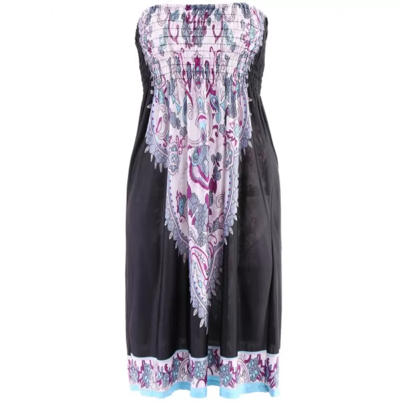 Bohemian Strapless Printed A-ine Dress For Women - Black