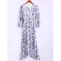 Bohemian Style Round Collar Long Sleeve Tiny Floral Print Chiffon Spring Dress For Women - Blue