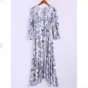 Bohemian Style Round Collar Long Sleeve Tiny Floral Print Chiffon Spring Dress For Women - Blue