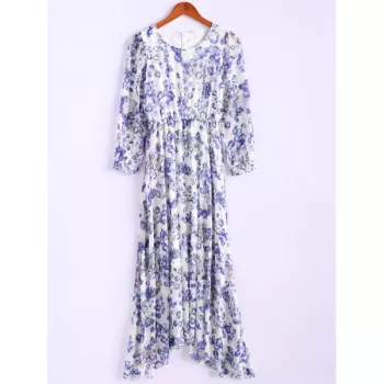 Bohemian Style Round Collar Long Sleeve Tiny Floral Print Chiffon Spring Dress For Women - Blue