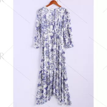 Bohemian Style Round Collar Long Sleeve Tiny Floral Print Chiffon Spring Dress For Women - Blue