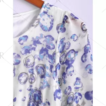 Bohemian Style Round Collar Long Sleeve Tiny Floral Print Chiffon Spring Dress For Women - Blue