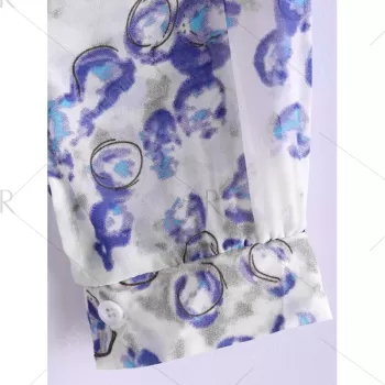 Bohemian Style Round Collar Long Sleeve Tiny Floral Print Chiffon Spring Dress For Women - Blue