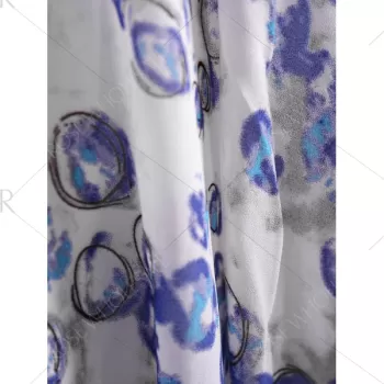 Bohemian Style Round Collar Long Sleeve Tiny Floral Print Chiffon Spring Dress For Women - Blue