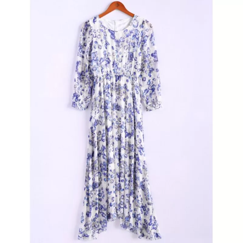 Bohemian Style Round Collar Long Sleeve Tiny Floral Print Chiffon Spring Dress For Women - Blue