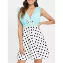 Bowknot Polka Dot Print Deep V Neck Dress - White