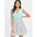 Bowknot Polka Dot Print Deep V Neck Dress - White